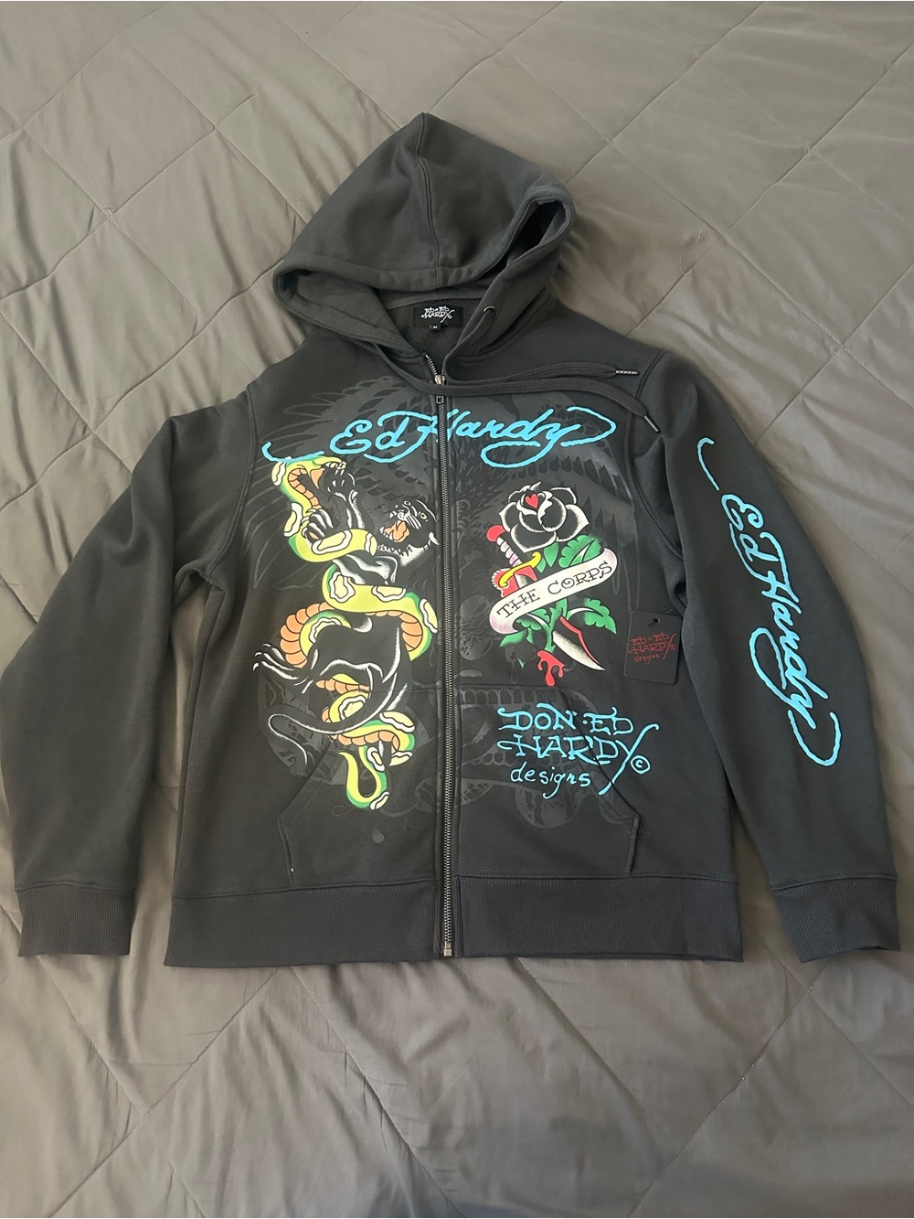 Ed Hardy charcoal Zip-Up Hoodie men’s medium with Tattoo Motif NWT